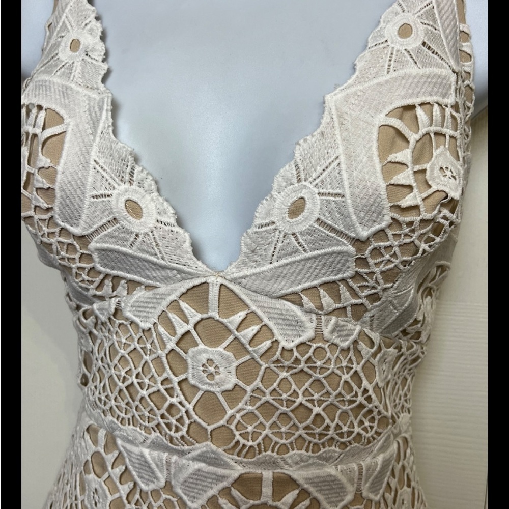 LULUS Dress Sway Away Crochet White Beige Overlay Lace Evening Party Mini - Picture 7 of 12